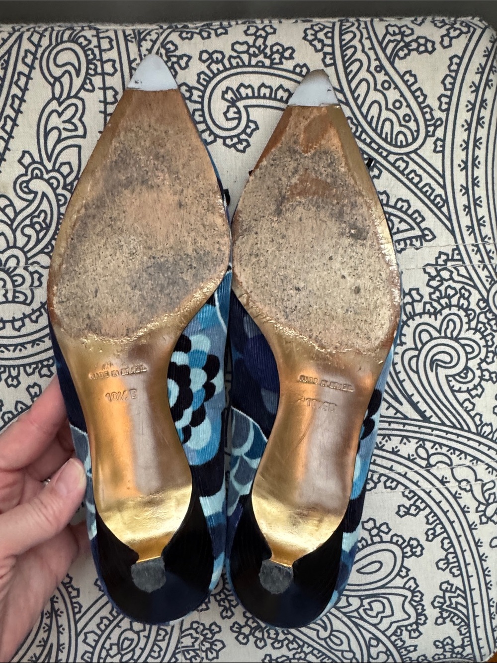 Magnolia Blue Patterned Pointed Toe Kitten Heel Vintage 10.5 - Picture 2 of 6